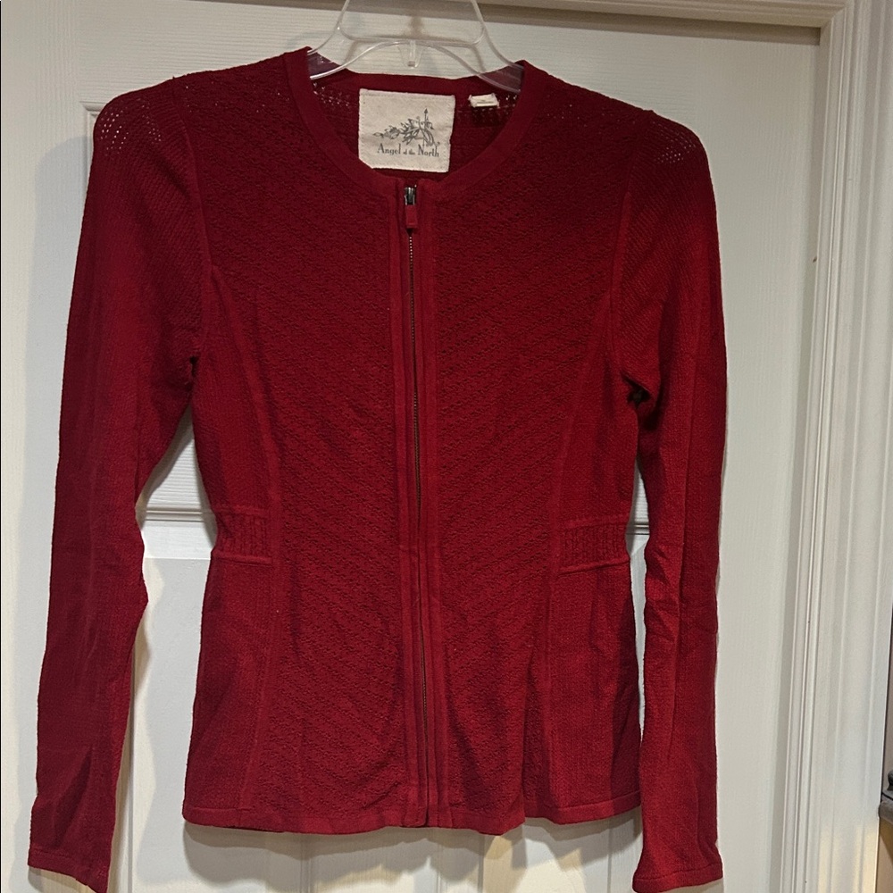 Anthropologie Angel Of The North Red Knit Zippered Cardigan